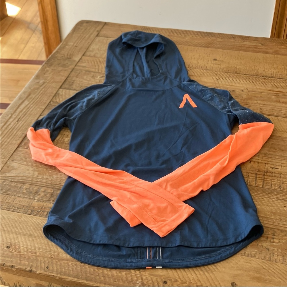 Adidas Hooded Long Sleeve specked blue/ orange with thumb holes/ size S